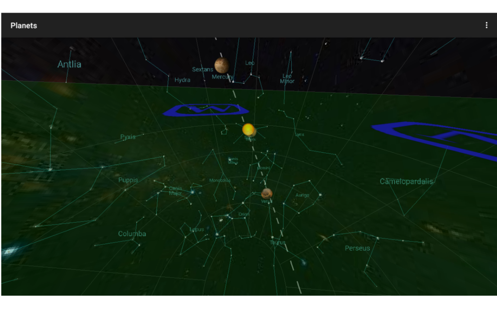 Capture d'écran de l'application Planets en mode Sky 3D.