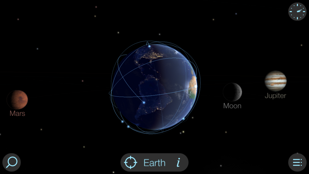 Capture d'écran de l'application Solar Walk Lite, avec une vue sur la Terre et les planètes alentour (pas à l'échelle).